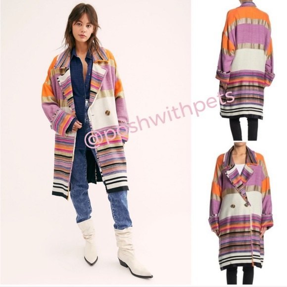 Free People NWT Broad Horizons Multicolor Oversized Trench Coat Pockets Lrg New